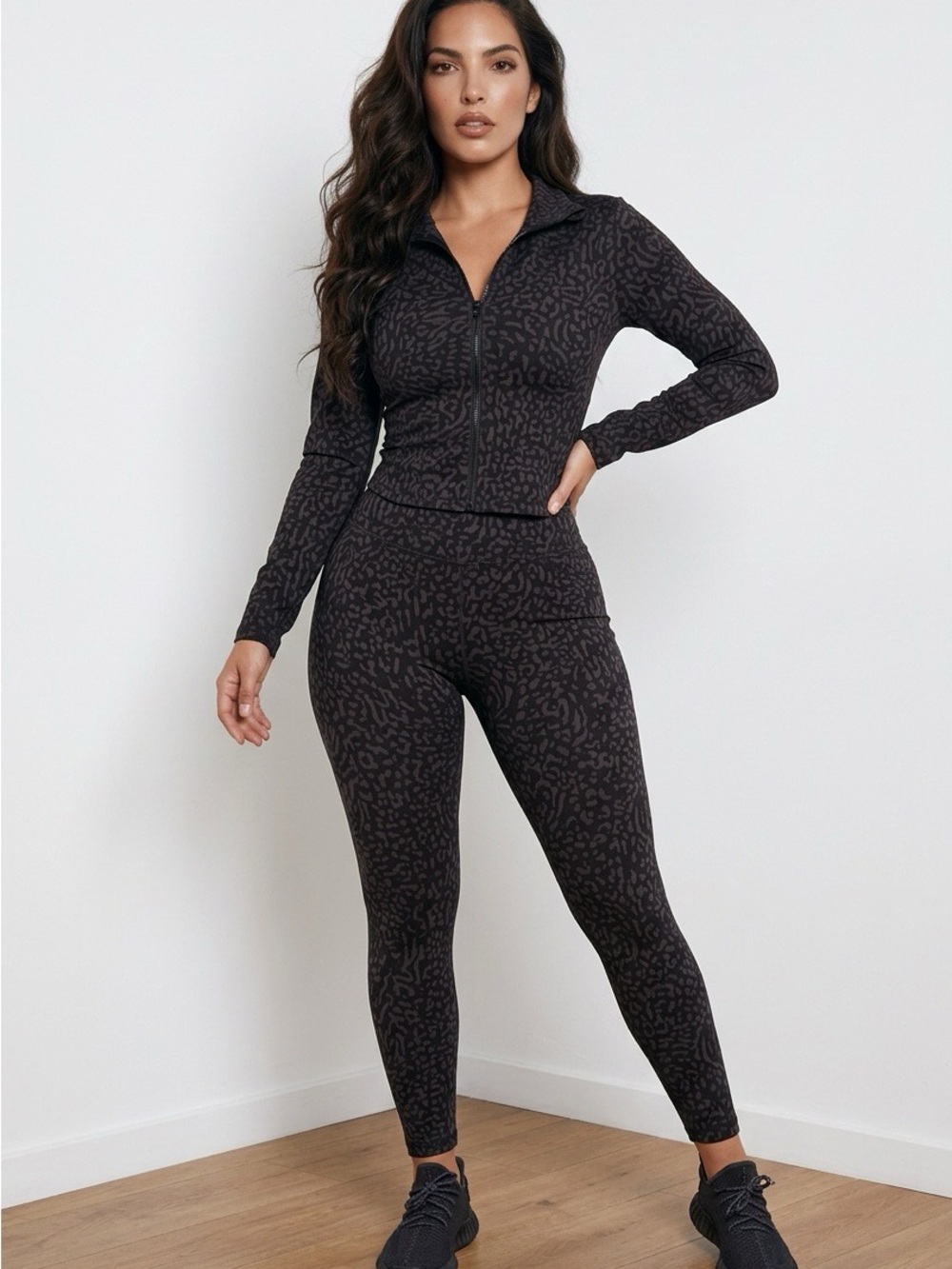 Brown Black Animal Print Zip-Up Top & High-Rise Leggings Set